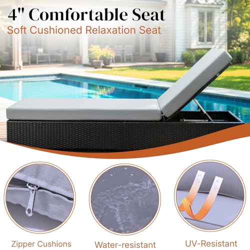 Image of DEVOKO Outdoor Rattan Wicker Sun Lounger Recliner for All Weather Comfort with Durable Metal Frame Ideal for Garden, Deck, Lawn, Poolside (Black & Grey)