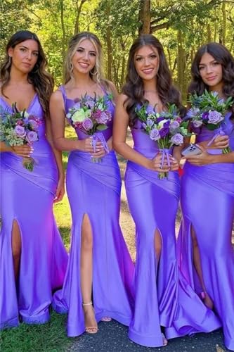 Spaghetti Straps Satin Mermaid Bridesmaid Dresses Long Ruched Bodycon V Neck Prom Evening Party Gown with Slit4