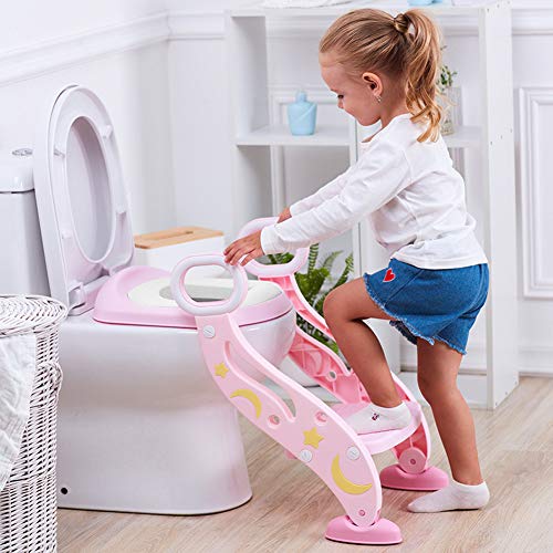 Escalera wc, Adaptador wc Niños, 2 Escalones y Agarraderas Grandes, Antideslizante, Plegable, Altura Ajustable para 1-8 niños (Rosa)