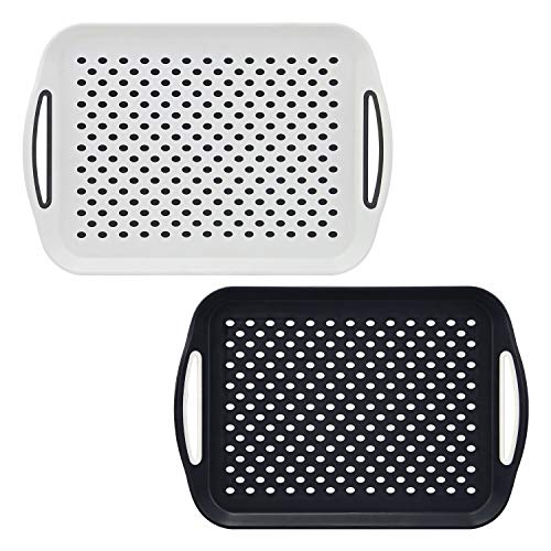 Taylor & Brown 2 x Set of Anti-Slip Rectangular Non-Slip Top and Bottom Plastic Dinner/Drinks Serving Tray with High Grip Rubber Surface, Easy Grip Handles (1 Black + 1 White)