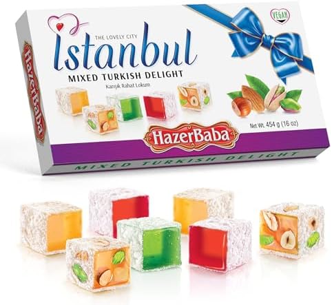HazerBaba Turkish Delight Candy Nuts & Assorted Flavors, 16oz (Pack of 1)
