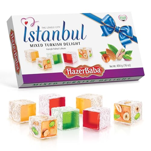 Hazer Baba Turkish Delight Candy, Mixed Nuts with Rose, Lemon & Mint Flavors, 16 oz (Pack of 1) Gourmet Snack Box, Traditional, Vegan, Lokum, Sweets, Loukumi, Delicias Turcas, Halal, Kosher