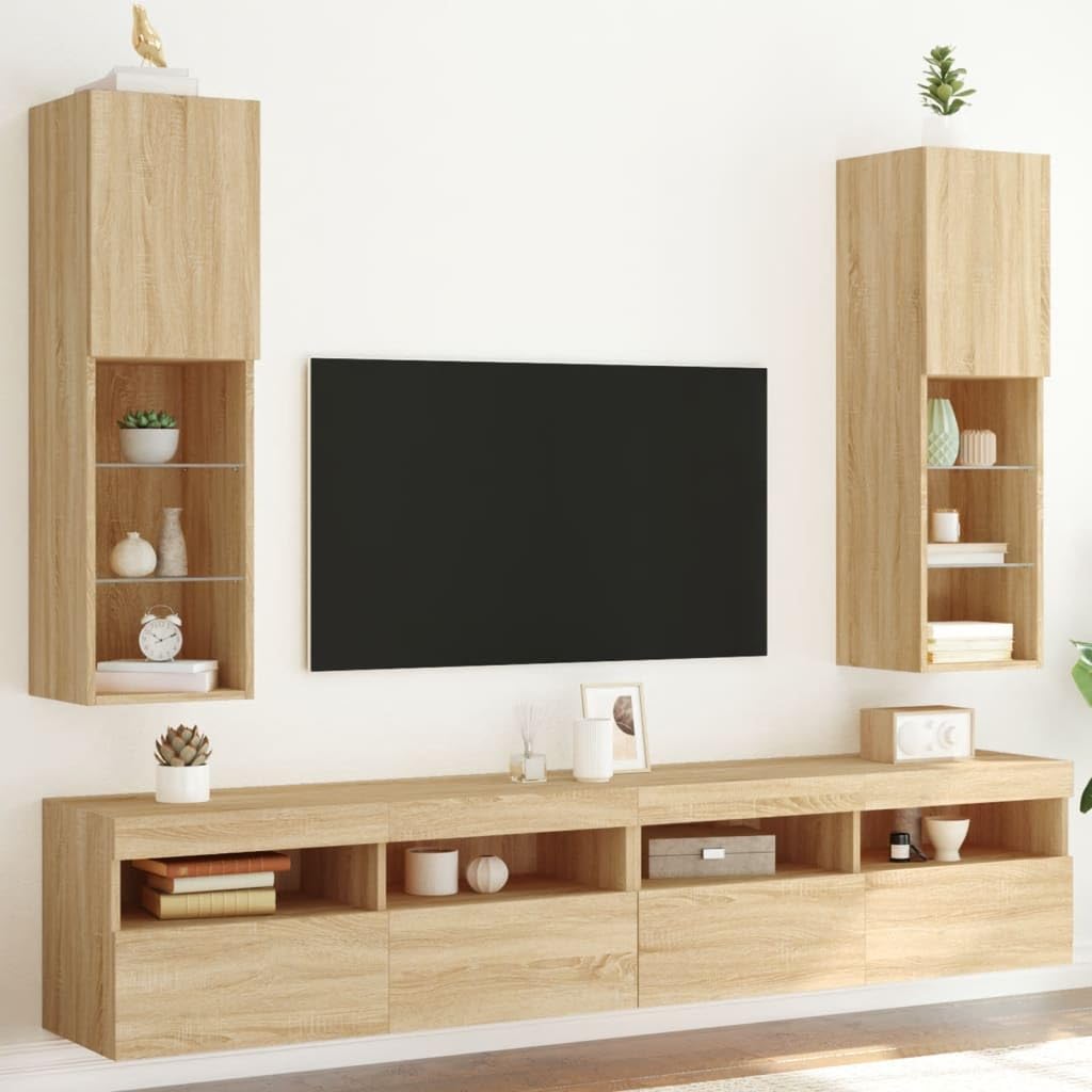 Szafki TV z LED 2 szt dąb sonoma 30 5x30x102 cm TV meubel met RGB verlichting zwevend wandmontage opbergkast voor woonkamer glas hout