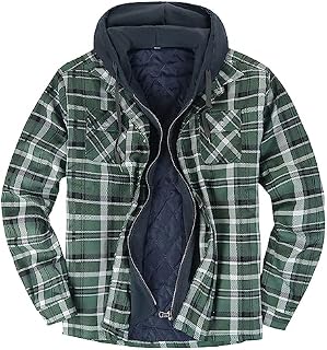 JIUZHEYANG Oversized Flannel Coat for Mens Padded Lumberjack Flannel Check Jacket Long Sleeve Quilted Lined Flannel Shirt Jacket with Hood