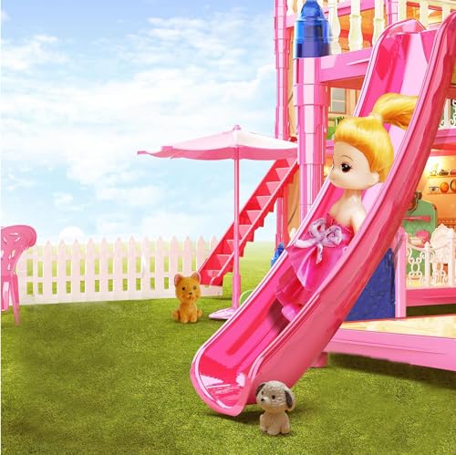 بيت دمى من دي ام جي، ألعاب بيت دمى دريم للفتيات مكون من 5 طوابق و15 غرفة، مع أضواء لتجميع المطبخ وغرفة النوم والأثاث والحديقة وبيت الأحلام للعب للبنات (بينك)