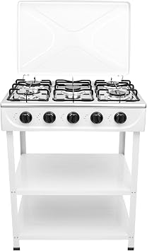 Gas Stove 5 Burner, 2500W Portable Natural Gas Stove Outdoor Camping BBQ Stove Gas Cooker with Independent Control and 2 Tier Storage Rack for Camping Picnic Home RV Cooking White
