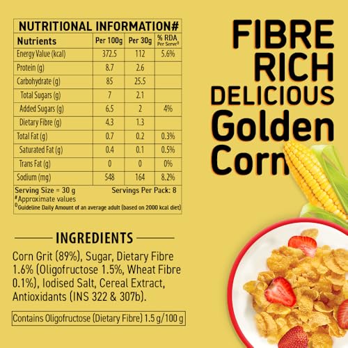 Image of Bagrry's Corn Flakes Plus 250gm Box |Original and Healthier| Low Fat & Cholesterol| High Fibre| All Natural CornFlakes| Breakfast Cereal