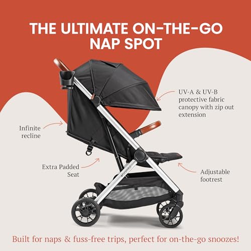 Image of Bombi Bēbee V2 Lightweight Baby Stroller - Premium Vegan Leather, One-Hand Fold, Infinite Recline, Aircraft-Grade Aluminum Frame, XXL Canopy, and Ample Storage Umbrella Stroller - Desert Berry