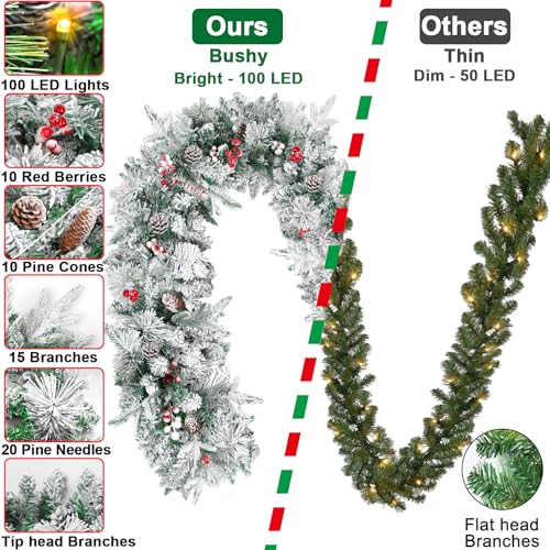 Snow Flocked Christmas Garland with Lights for Mantle, Stairs, Door - 9 FT - 100 Warm White LED - Timer Included