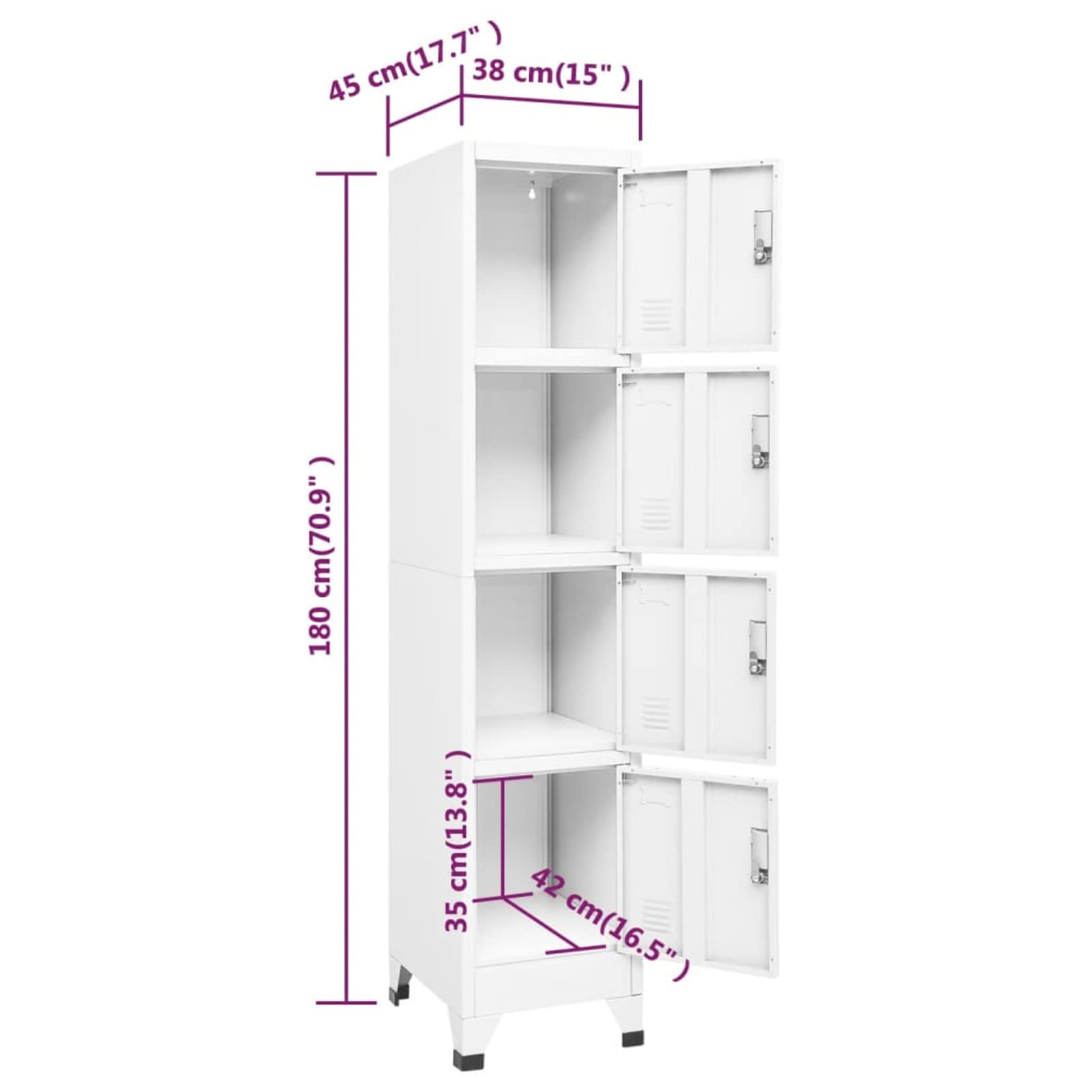Armario Metálico Taquilla Vestuario 4 Puertas con Cerradura Blanco 38x45x180 cm
