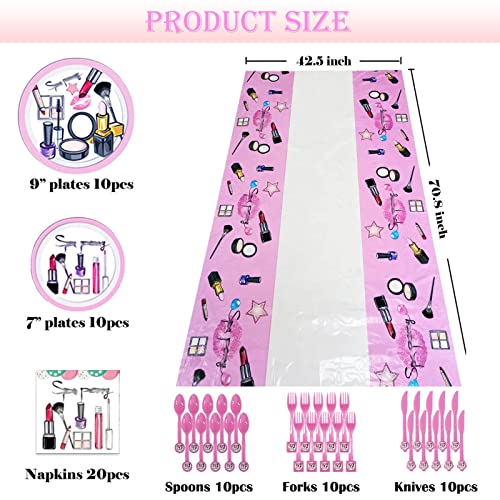 71Pcs Spa Salon Makeup Birthday Party Tableware Kit 9" Paper Plates 7" Plates Napkins Forks Knives Spoons Plastic Disposable Rectangle Table Cover For Girls Teens Spa Makeup Birthday Party Decorations #TOP1