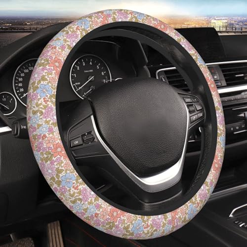 Pink Garden Plants Floral Neoprene Steering Wheel Cover Anti-Slip Elastic Steering Wheel Protective Cover 15in Universal Flower Car Accessories Fit Cars, SUVs, Auto
