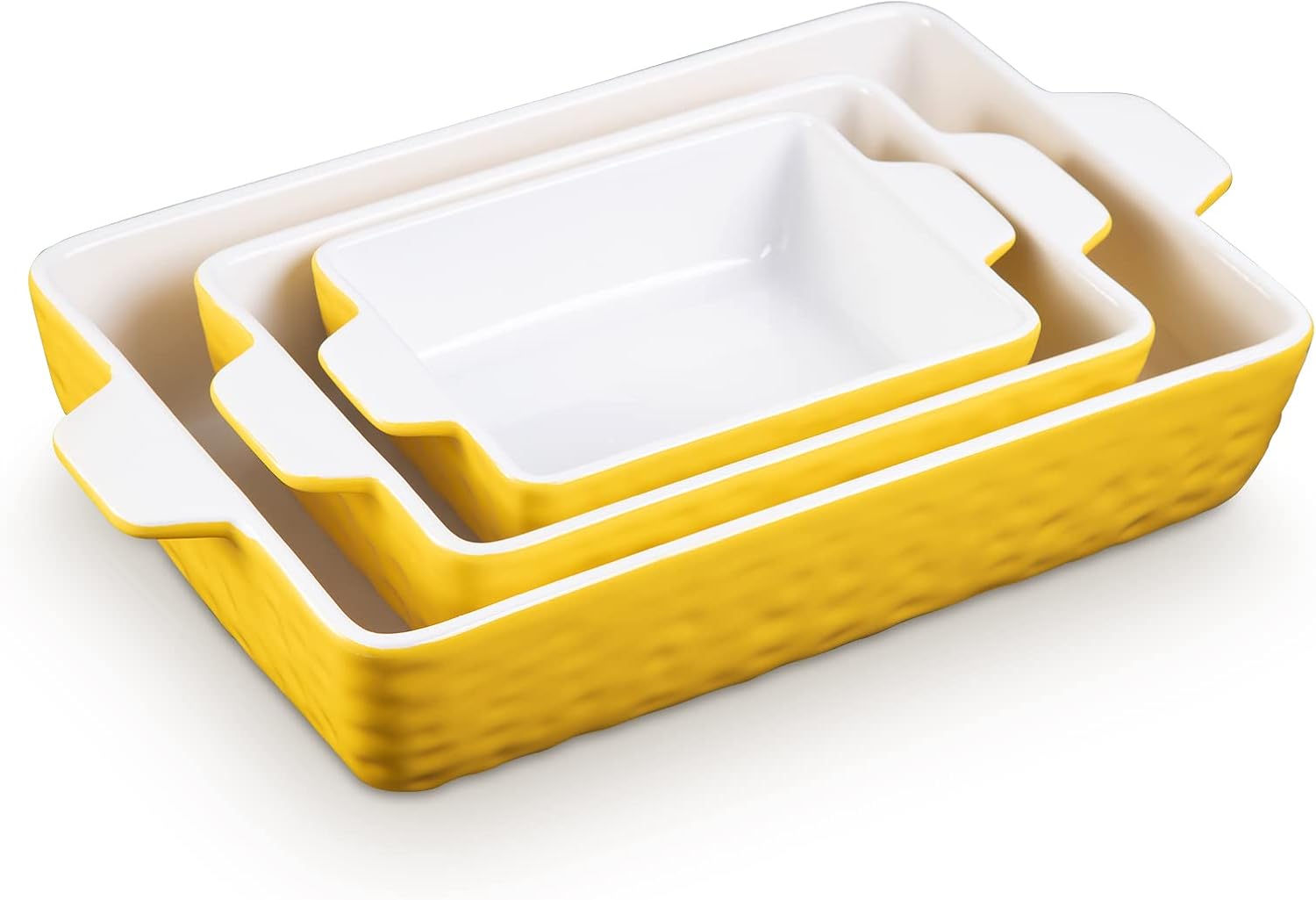 Garvee Baking Dish Set of 3, Ceramic Bakeware Set, Rectangular Casserole Dish for Oven with Handles, Deep Lasagna Baking Pans for Baking, Cooking, Cake Dinner, Wedding Gift, Yellow (11.7"/8.75"/6.5")