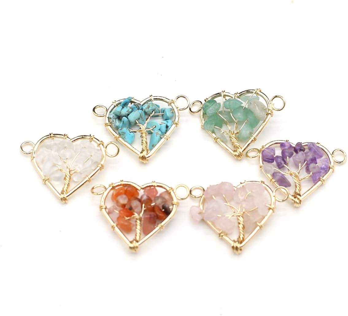 LE SKY 8 Pcs Natural Chip Stone Pendant Connectors Mixed Crystal Stone Wire hand knitting Life Tree Charms for Jewelry Making Necklace Bracelet DIY