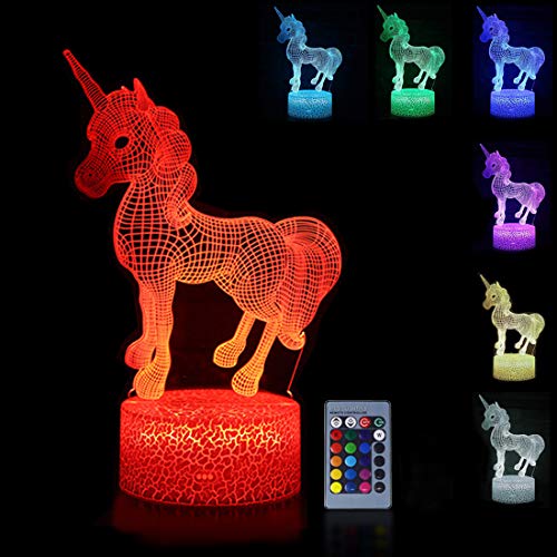Palawell for Girls - Unicorn 3D Night Light 15 Changing Color Remote Control Unicorn Kids Room Decor Lighting - with Charger