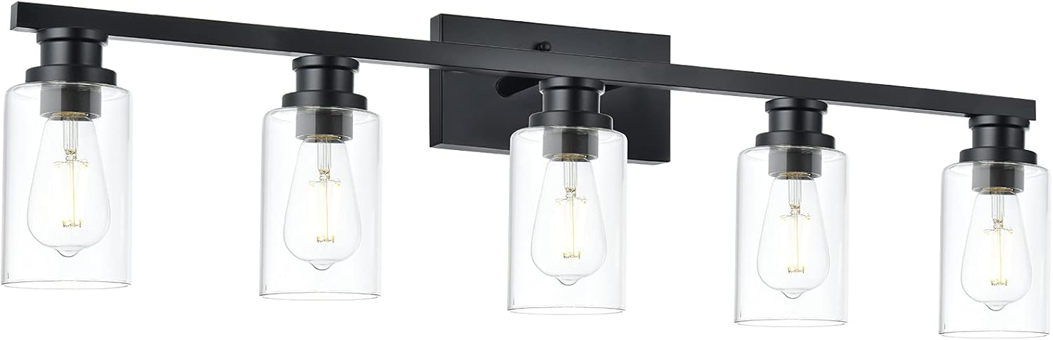 VINLUZ 5 Head Vintage Bathroom Light Fixtures in Black Finish,Farmhouse Vanity Lights Wall Sconces Lighting Clear Cylinder Glass Shade for Mirror Hallway : Everything Else