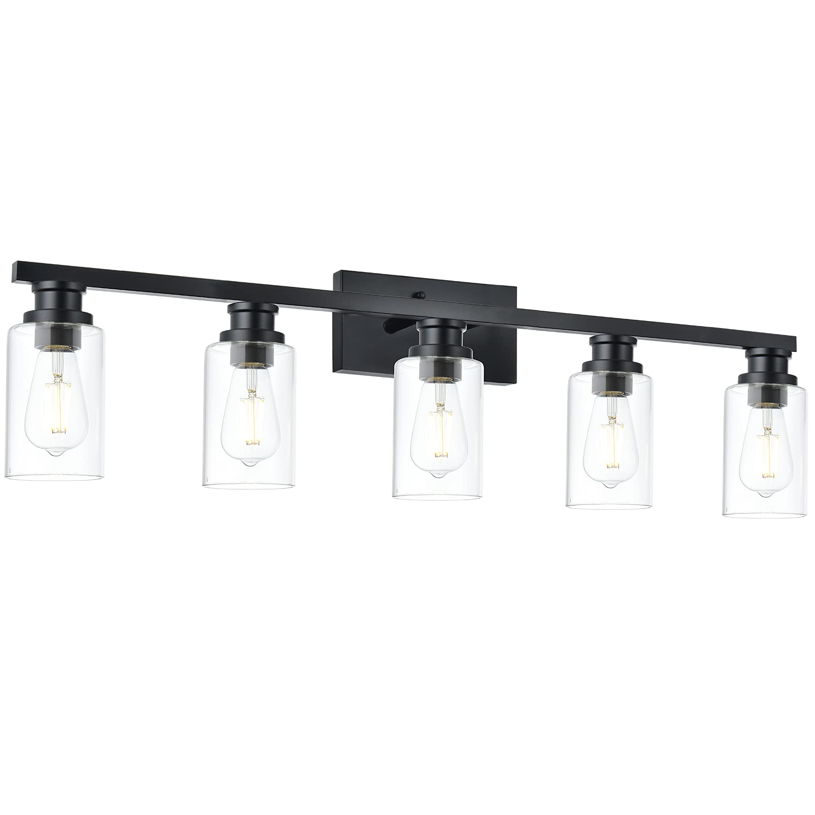 VINLUZ 5 Head Vintage Bathroom Light Fixtures in Black Finish,Farmhouse Vanity Lights Wall Sconces Lighting Clear Cylinder Glass Shade for Mirror Hallway