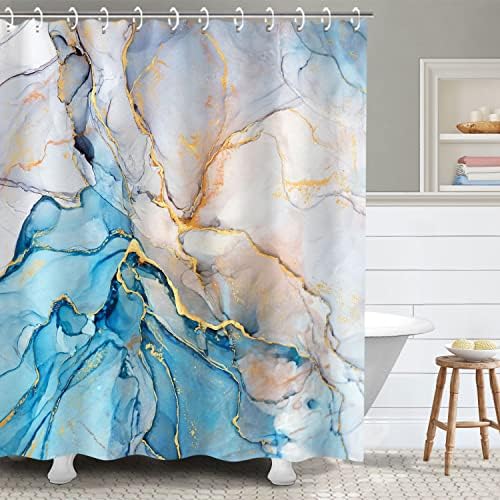 RosieLily Blue Shower Curtain, Marble Shower Curtains Set with 12 Hooks, Watercolor Blue Gold White Shower Curtains, Cool Abstract Marble Bathroom Decor, 72"x72"