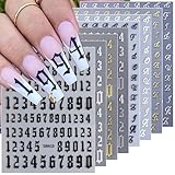 8 Sheets Old English Letter & Numbers Nail Stickers 3D Self-Adhesive Personalized Letter Nail Decals Black White Gold Silver Alphabet Nail Art Stickers Retro Numbers Nail Designs Supplies for Women