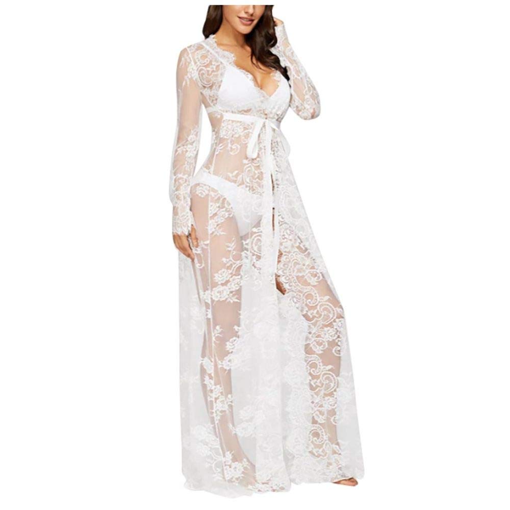 MIYAA Bata Estilo De Satén Para Mujer,Kimono De Seda Con Cuello En V Satén Encaje Bordado De Flores Bata Larga Albornoz Con Cinturón Lencería Sexy Babydoll Ropa De Dormir Para La Noche De Bodas O El D