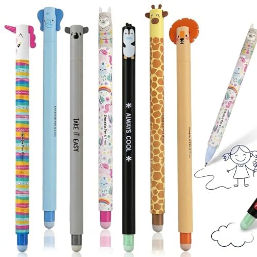 VoltCozy Set de 7 Bolígrafos de Gel Borrables con Tinta de Borrado Termosensible 0.7mm para Escritura Suave Diseño de Animales Ideales para Papelería y Oficina Azul