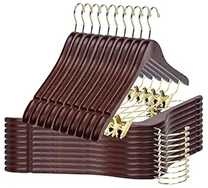 Quality Wooden Skirt Hangers with Clips 20-Pack Walnut Pants Hangers with Adjustable Gold Metal Clips, Swivel Hook, Coat, Jacket, Blouse Suit Hangers