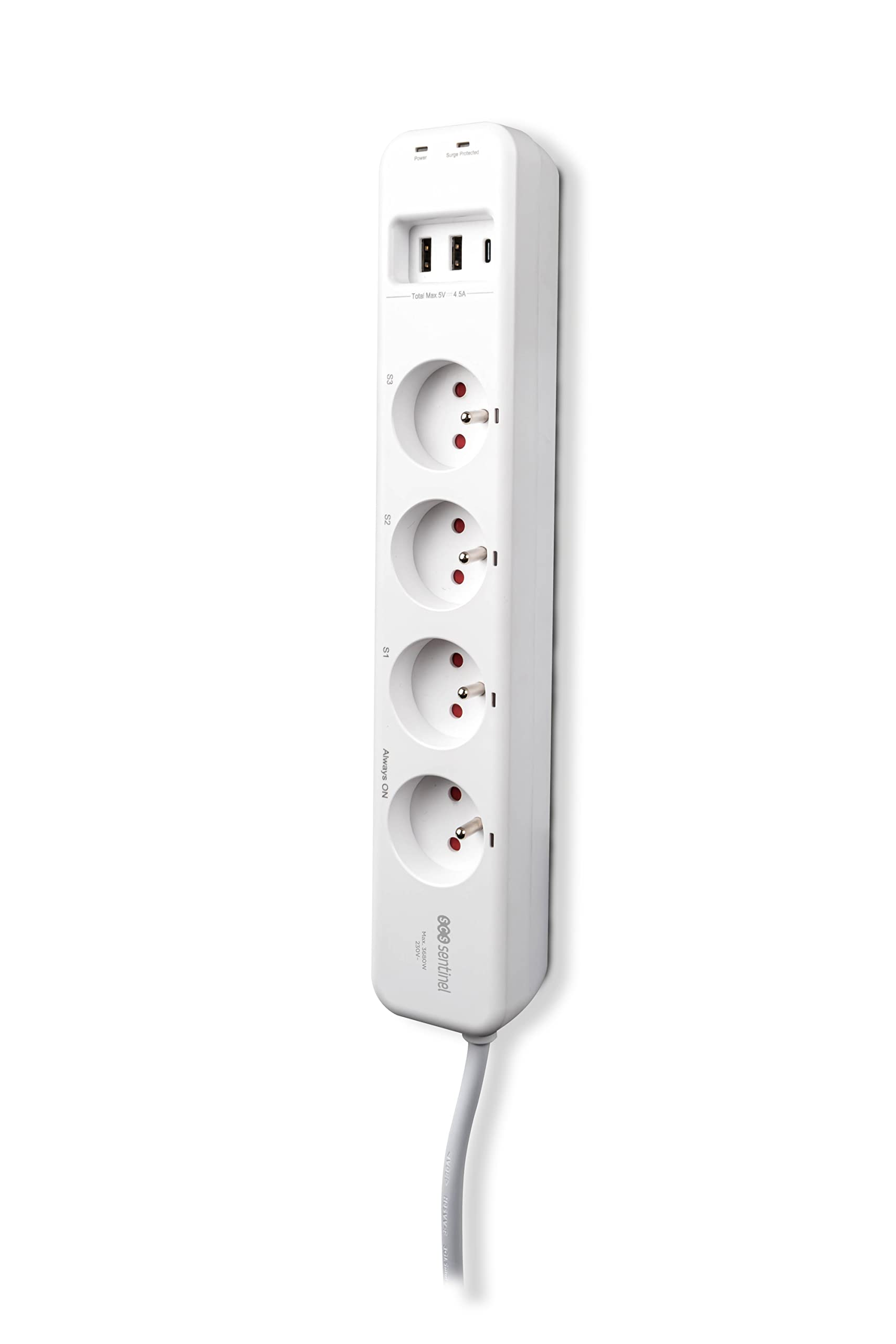 SCS Sentinel, HCN0072, Rallonge multiprise connectée, Cordon d'alimentation 1.5 m, 4 Prises + 3 Ports USB, 3 Prises contrôlables à Distance, 4 Prises alimentées en Permanence, SmartPlug Strip