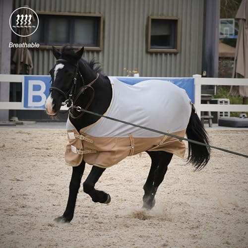 Image of BARN & STABLE Breathable and UV Protective Tear-Resistant Mesh Horse Fly Sheet Comfy Equine Summer Sheet with Removable Web Leg Straps (Silver Gold, 69 in)