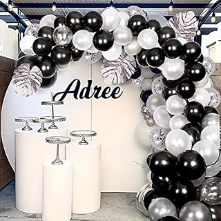 Balloon Arch Garland Maker Kit, 100PCS Black White Silver Balloons for Boys, Girls Birthday Decorations, with Silver Palm Leaf, for Baby Shower, NYE, Wedding, Graduation Party