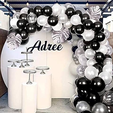 Balloon Arch Garland Maker Kit, 100PCS Black White Silver Balloons for Boys, Girls Birthday Decorations, with Silver Palm Leaf, for Baby Shower, NYE, Wedding, Graduation Party Cover