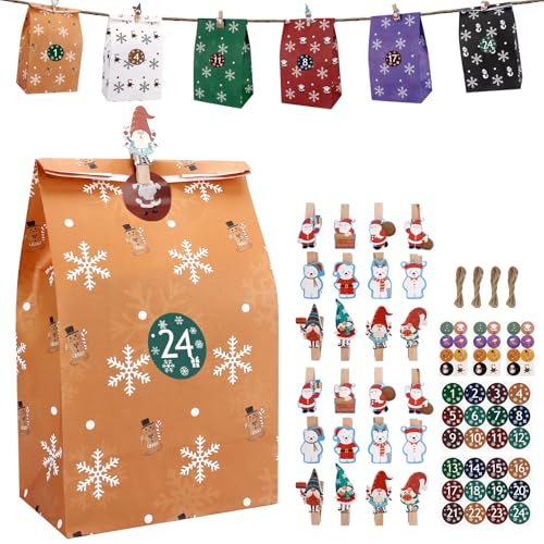 Adventskalender zum Befüllen Kinder, Yomisee 24 Weihnachtskalender Papiertüten Groß zum Selber Befüllen mit Aufkleber DIY Kraftpapiertüten Adventskalender Tüten zum Selbstbefüllen
