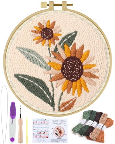 ERKOON Punch Needle Kit Beginners Adults DIY Easy Flower Embroidery Set for Starter Art Craft Needling Punching Project with Patterns Tools Yarns Hoop Instruction (Sunflowers)