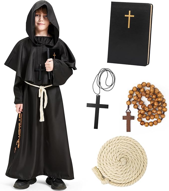 Haozozo Disfraz Halloween NiñOs,Disfraces Halloween NiñO De Monje Medieval Con Rosario CláSico,CinturóN,Collar Con Cruz Y Cuaderno,Disfraz Monje NiñO Para Carnaval y halloween (120 cm)