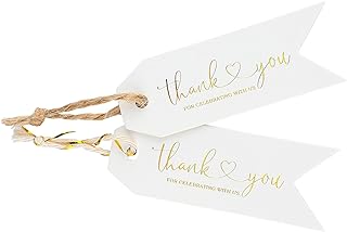 Joycraft 100pcs Thank You Tags - White Paper Hangtags with Gold Foil, Pe...