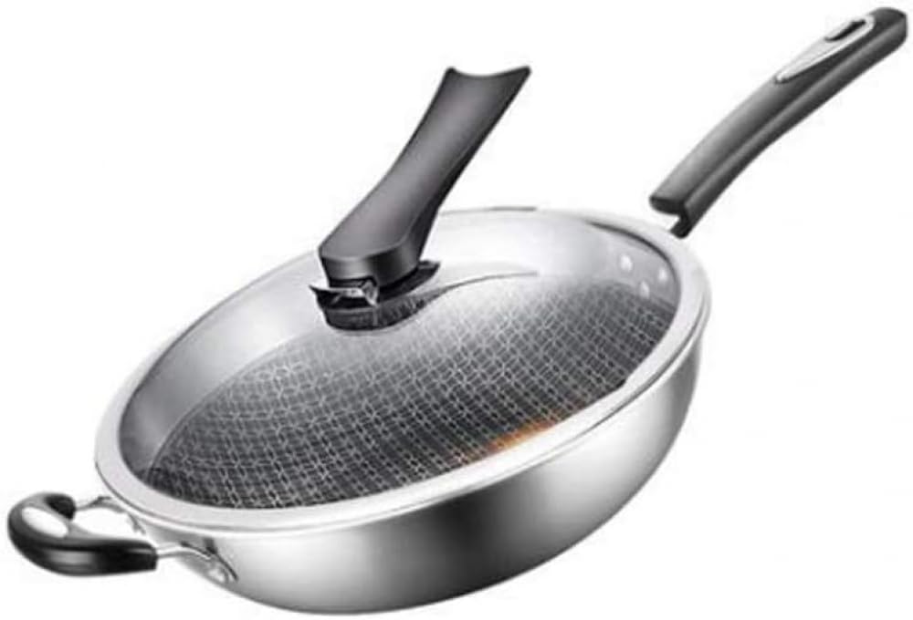 ASerZenith Walnut Stainless Steel Wok Non-Stick Frying Pan Without Oil Smoke Uncoated Household Induction Wok Frying Pan Cooking Pot Cooking Pot