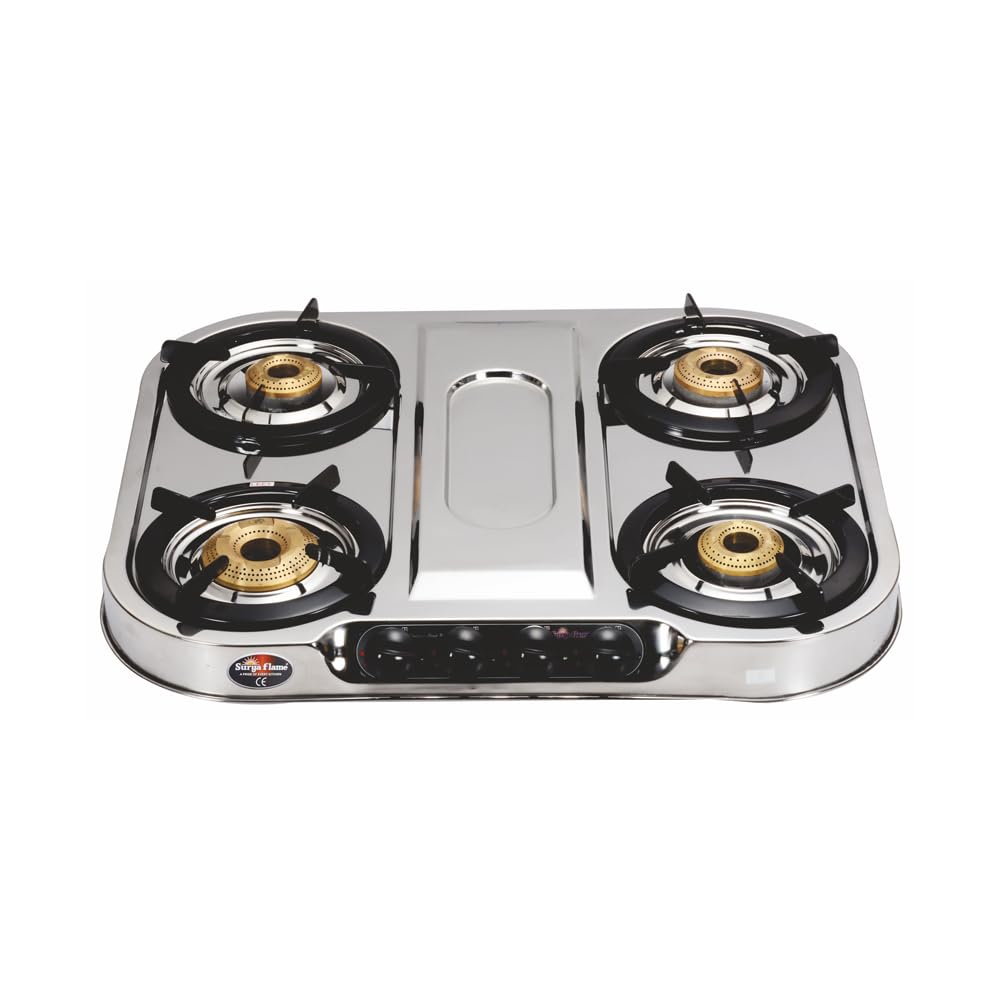 Suryaflame Naples Stainless Steel 4 Burner Gas Stove | 2 Jumbo Burners | Tri-Pin Brass Burners | Manual Ignition | ISI Certified | Family Size Cooktop