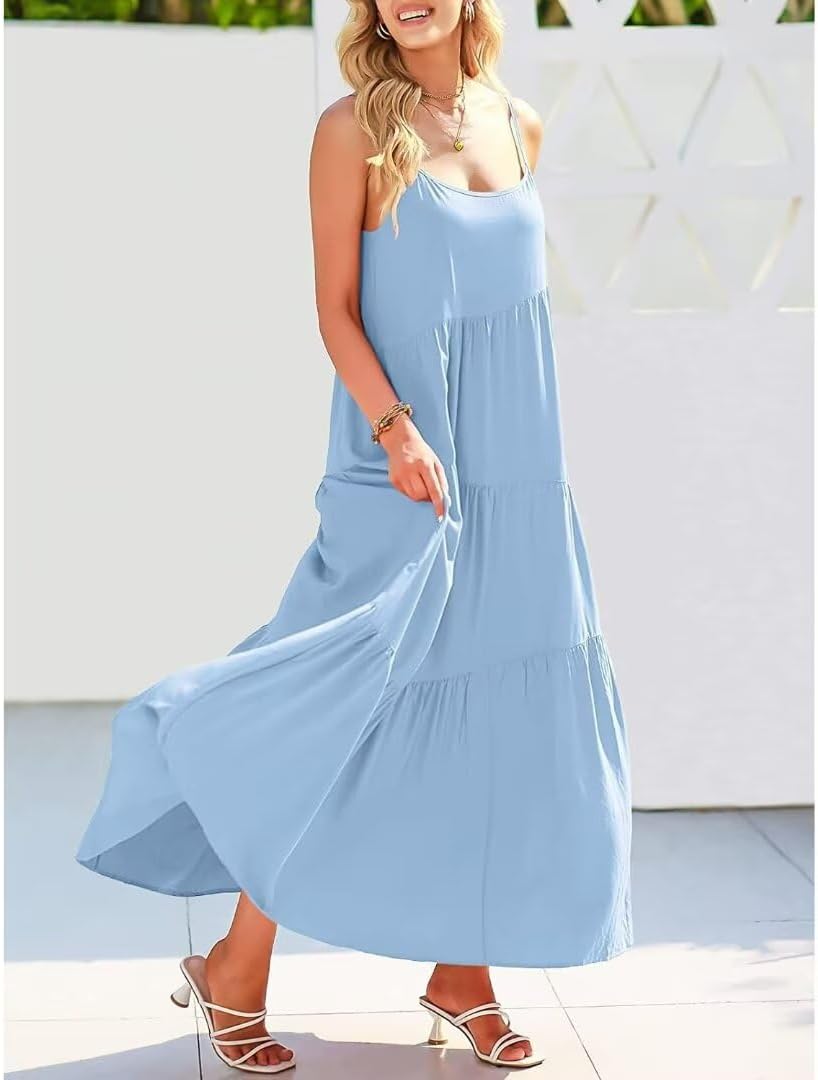 Womens Summer Dresses Spaghetti Strap Maxi Dresses for Women Boho Dress Sun Dresses for Women 2025 Blue - Image 5