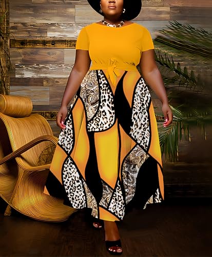 Image of Hostoyo Women Plus Size Formal A Line Maxi Dress Self Tie Waist with Pockets Elegant Round Neck Swing Long Dresses