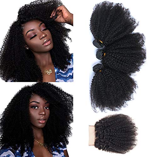 Unprocessed Afro Kinky Curly Bundles with Closure, Brazilian Afro Curly Kinky Weave Human Hair Bundles with Closure, Kinky Curly Weave 3 Bundles with Closure Natural Color (14 16 18+12 Inch)