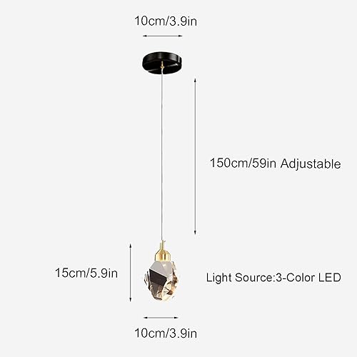 Miniatura 4 de Sxtiger Lámpara colgante moderna de cristal, luz colgante de cristal LED de 3 colores, altura ajustable, lámpara colgante colgante de techo dorado,