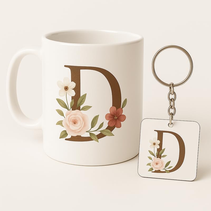 Image of Letter D Mug and Keychain Set - Elegant Floral Monogram Gift for Her /Him - Coffee Cup and Key Ring with Initial D - Coffee Mug for Everyone Any Occasion 4646 4