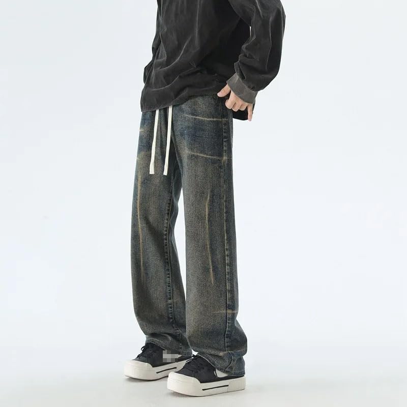 American Washed tie dye Jeans for Men,high Street Drawstring Loose Straight Leg Pants3