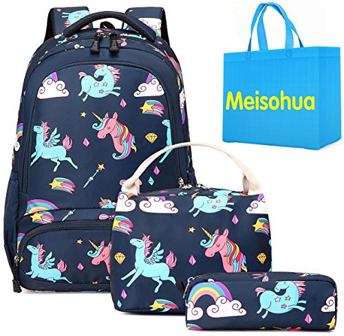 Meisohua School Bags for Girls - Lightweight Unicorn Backpack for Girls Water Resistent Book Bag with Pen Case Lunch Bag Cute Primary School Backpack 3 in 1 (Deep Blue)