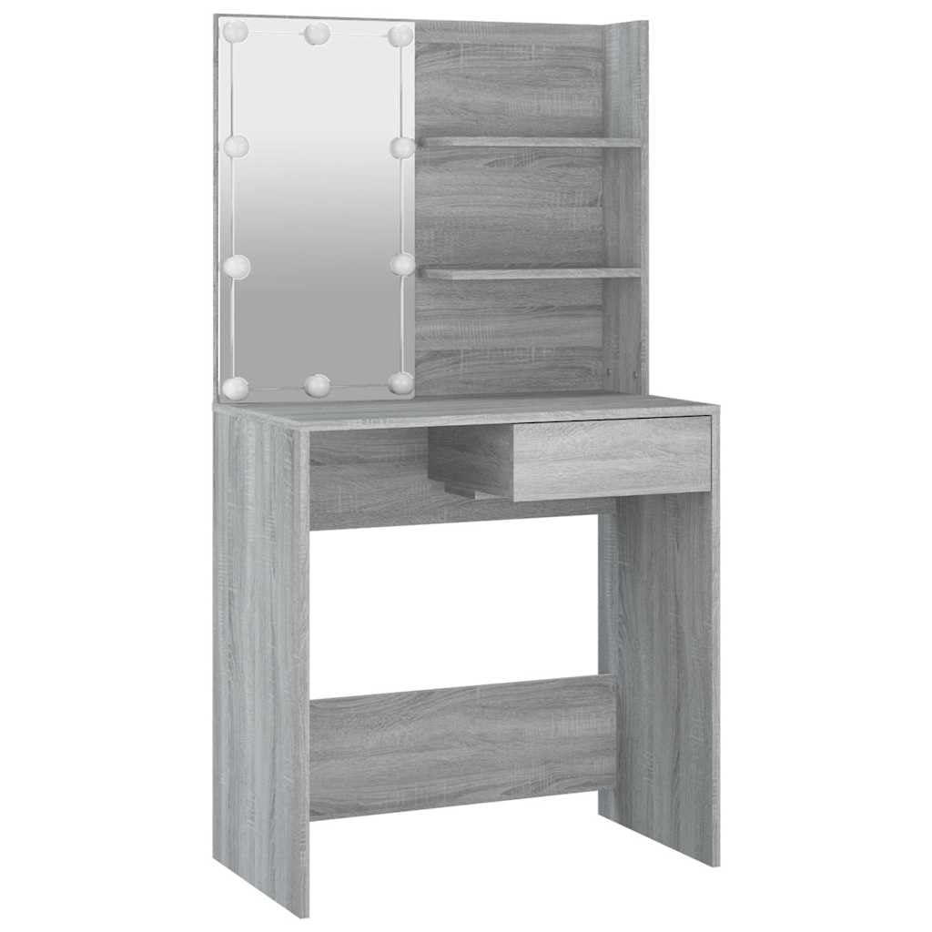 Tocador con iluminación LED gris Sonoma 74,5 x 40 x 141 cm con espejo cajón y estante, espacio de almacenamiento para dormitorio, habitación juvenil o niña