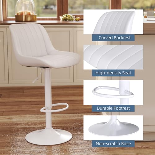 Image of Youhauchair Adjustable Faux Leather Bar Stools Set of 2, White | Swivel, Counter Height, Back & Footrest, Armless, PU, Modern, Kitchen Island Stool, Upholstered Dining Room Chair