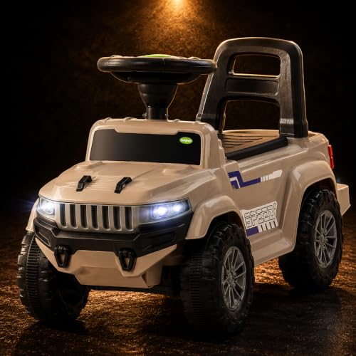 Image of Baybee Speedy Baby Ride on Car for Kids | Portable Kids Car with LED Lights, Music & Storage Basket | Push Toy Cars with High Backrest | Toddler Rideons Jeep for 1 to 3 Years Boys Girls (Desert)