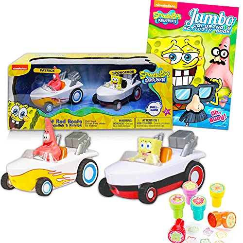 Nick Shop Spongebob Squarepants Hot Rod Boat Race Bundle - 2 Pack Spongebob & Patrick Pull Back Hot Rod Boats with Spongebob Coloring Book and More (Spongebob Boat Cars)