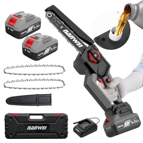 Image of NANWEI 8 Inch Cordless Chainsaw for Tree Trimming & Wood Cutting, Lightweight Handheld Mini Chain Saw with 2 x 4.0Ah Batteries, Brushless Motor for Long Runtime & Low Noise
