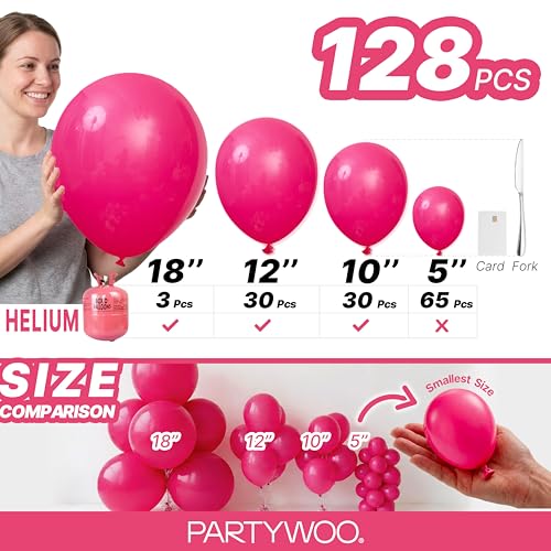Image of PartyWoo Hot Pink Balloons 128 pcs Different Sizes of 18 12 10 5 Inch Magenta Fuchsia Balloon Arch Kit Garland for Baby Shower Wedding Bridal Shower Anniversary Birthday Party Decorations Pink-Y12