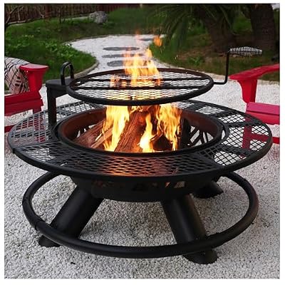 Red Mountain Valley 47" Outdoor Fire Pit with Adjustable Grill, 2-in-1 Large Wood Burning Round FirePits, Metal Outdoor Fireplaces, Round Metal Table for Patio, Backyard, Black